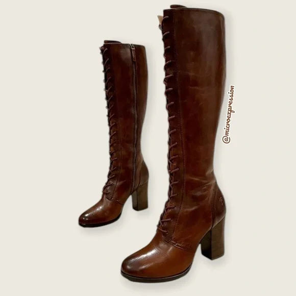 $699 Frye Parker Lace-Up Victorian Brown Leather Tall Bohemian Knee High Boot - Picture 14 of 16